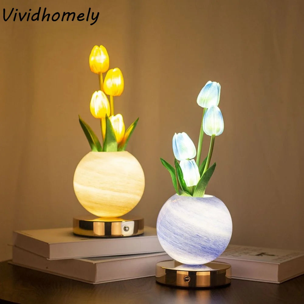 USB Rechargeable Tulip LED Night Light 3-Color Changing LED Light Source Artificial Flower Desk Lamp Artificial Flower Design